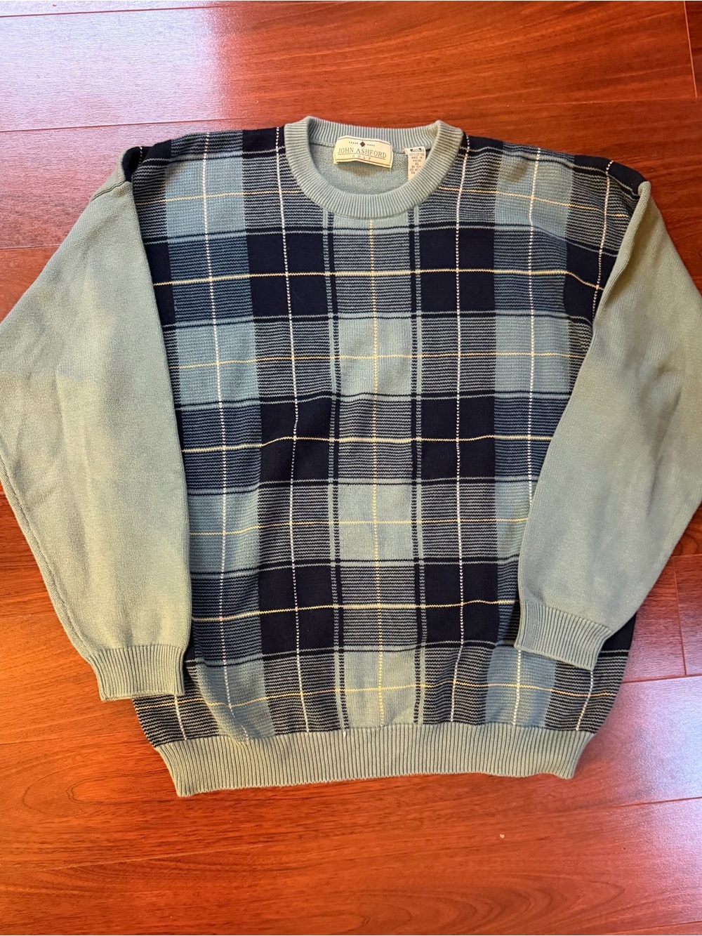 John Ashford Golf Plaid Crewneck Sweater in Sage and Navy XL